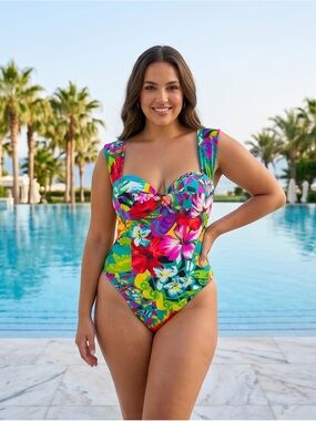 Tropical Floral One-Piece Swimsuit - Turquoise Multi